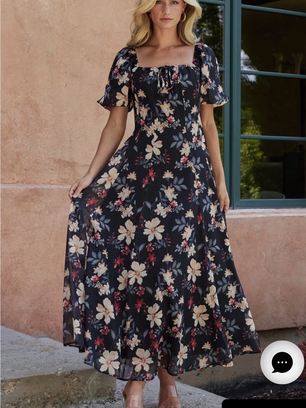Navy Floral Square-Neck Maxi Dress